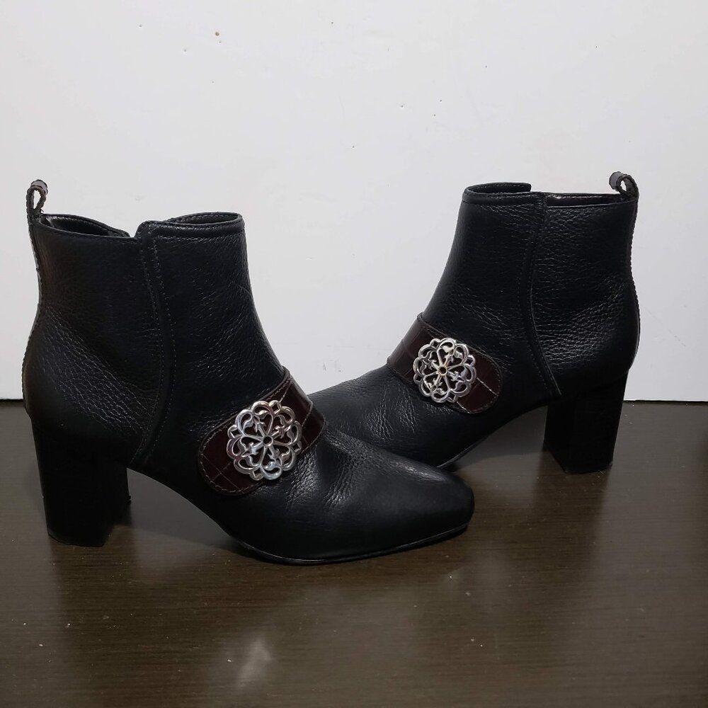 Brighton Rory Black Leather Zip Ankle Boot Botties Silver Buckle Block Heel 7,5